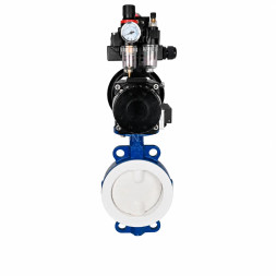 Затвор дисковый поворотный WBV3434Pf-2W-Fb-R Ду200 Ру16, корпус - угл. сталь WCB, диск - угл. сталь WCB, футерованный PTFE, уплотнение - PTFE, с пневмоприводом PA-DA-105-1, пневмораспределителем 4M310-08 AC220V, БКВ APL-410N EX и БПВ AFC2000