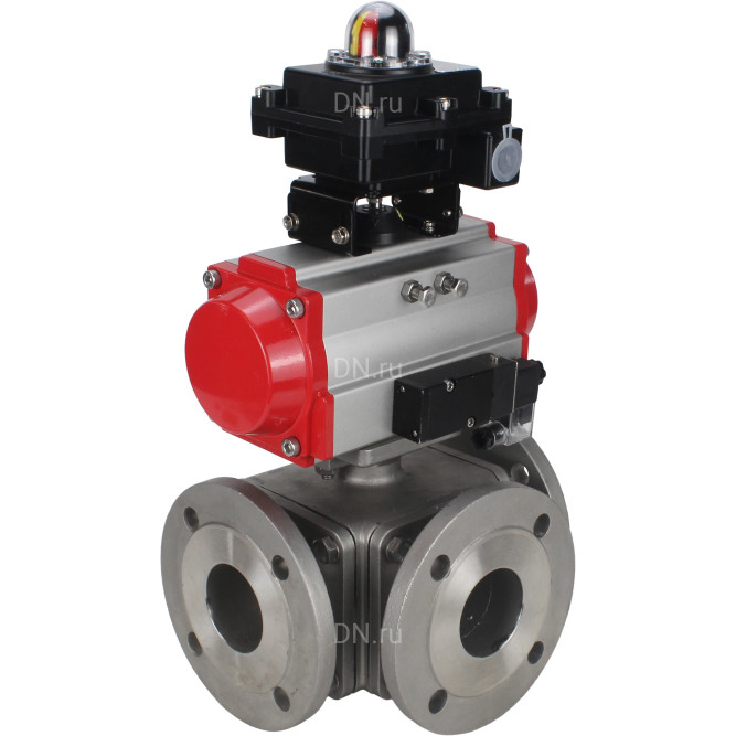 Кран шаровой BV3232P(4pc)-FP-3WL-F Ду20 Ру16 полнопроходной трехходовой, фланцевый, корпус - нержавеющая сталь SS316, с пневмоприводом PA-SA-065 с возвратными пружинами, пневмораспределителем 4M310-08 DC24V и БКВ APL-410N EX в Алматы