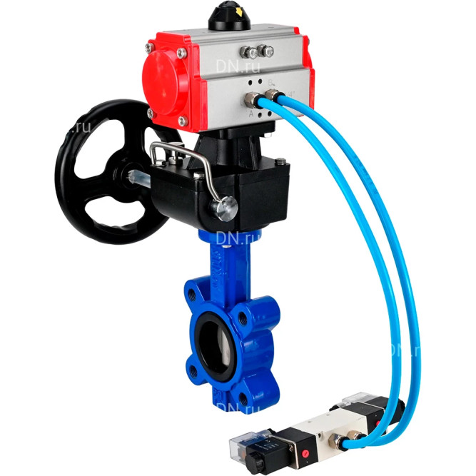 Затвор дисковый поворотный WBV1631E-2W-Fb-H Ду100 Ру16 LUG, корпус - чугун QT450, диск - нержавеющая сталь 304, уплотнение - EPDM, с пневмоприводом PA-DA-083, пневмораспределителем 4M320-10 AC220V и ручным дублером MON2-450-T28-ISO в Алматы