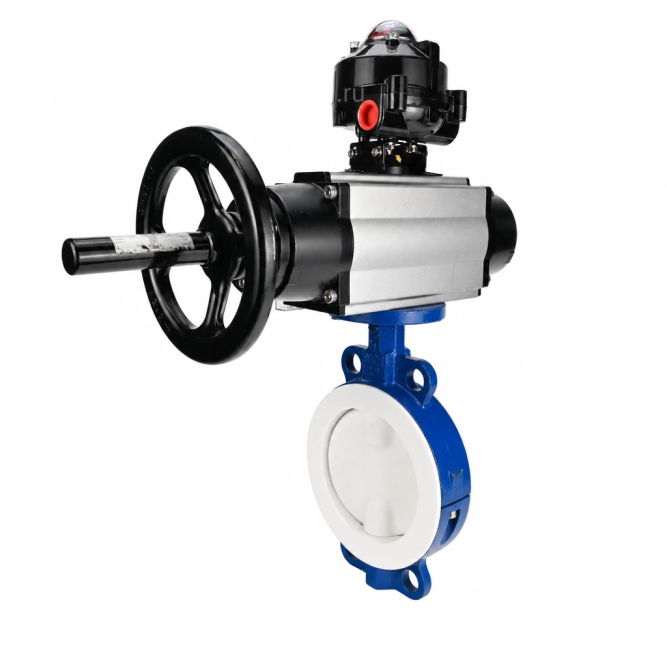 Затвор дисковый поворотный WBV3434Pf-2W-Fb-R Ду150 Ру16, корпус - углеродистая сталь WCB, диск - углеродистая сталь WCB, футерованный PTFE, уплотнение - PTFE, с пневмоприводом PA-DA-105-1, пневмораспределителем 4M310-08 AC220V и БКВ APL-510N EX в Алматы