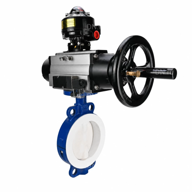 Затвор дисковый поворотный WBV3434Pf-2W-Fb-R Ду150 Ру16, корпус - углеродистая сталь WCB, диск - углеродистая сталь WCB, футерованный PTFE, уплотнение - PTFE, с пневмоприводом PA-DA-105-1, пневмораспределителем 4M310-08 AC220V и БКВ APL-510N EX в Алматы