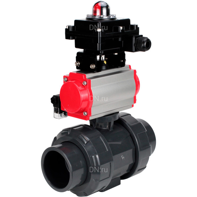 Кран шаровой BV4242E-FP-GRM-ISO Дн25 Ру10 полнопроходной, корпус - НПВХ, шар - НПВХ, уплотнение - EPDM, с пневмоприводом PA-DA-052, пневмораспределителем 4M310-08 DC24V и БКВ APL-410N EX в Алматы
