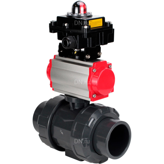 Кран шаровой BV4242E-FP-GRM-ISO Дн25 Ру10 полнопроходной, корпус - НПВХ, шар - НПВХ, уплотнение - EPDM, с пневмоприводом PA-DA-052, пневмораспределителем 4M310-08 DC24V и БКВ APL-410N EX в Алматы