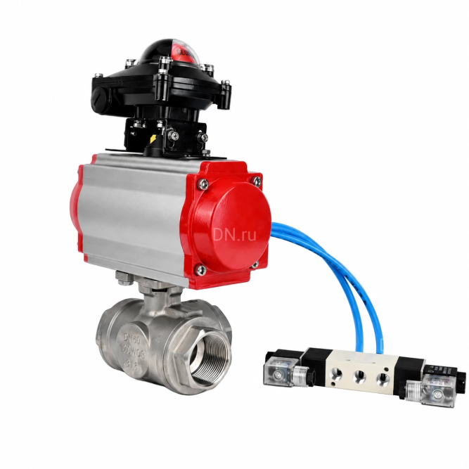 Кран шаровой BV3232P(4pc)-SP-3WL-T-ISO-H WDVF Ду40 Ру63 стандартнопроходной, 3-ходовой L-тип, внутренняя резьба, нержавеющая сталь AISI 316, PTFE, с пневмоприводом PA-DA-083, пневмораспределителем 4V320-08 AC220V и БКВ APL-210N в Алматы