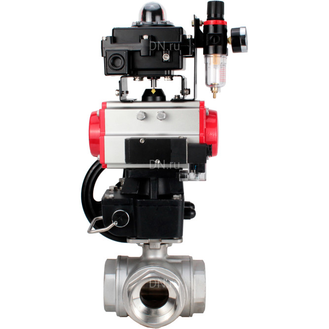 Кран шаровой BV3232P(4pc)-SP-3WL-T-ISO-H Ду40 Ру63 стандартнопроходной 3-ходовой L-тип, нерж.сталь SS316, внутренняя резьба, PTFE, пн.привод PA-DA-065, пн.распределит 4M310-08 DC24V, БКВ APL-410N EX, ручной дублер MON1-250-T26-ISO и БПВ AFC2000 в Алматы