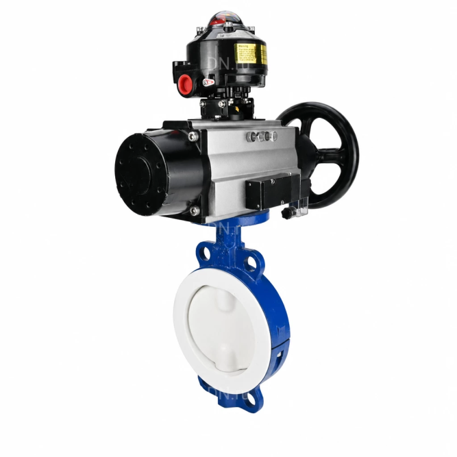 Затвор дисковый поворотный WBV3434Pf-2W-Fb-R Ду200 Ру16, корпус - углеродистая сталь WCB, диск - углеродистая сталь WCB, футерованный PTFE, уплотнение - PTFE, с пневмоприводом PA-DA-105-1, пневмораспределителем 4M310-08 AC220V и БКВ APL-510N EX в Алматы