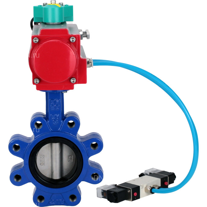 Затвор дисковый поворотный WBV1631N-2W-Fb-H Ду65 Ру16 LUG корпус - чугун QT450, диск - нержавеющая сталь 304, уплотнение - NBR, с пневмоприводом PA-DA-065, пневмораспределителем 4V320-08 AC220V и магнитным переключателем ALS200D в Алматы