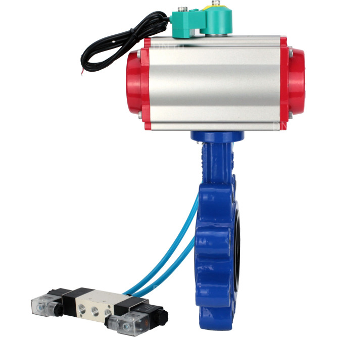 Затвор дисковый поворотный WBV1631N-2W-Fb-H Ду65 Ру16 LUG корпус - чугун QT450, диск - нержавеющая сталь 304, уплотнение - NBR, с пневмоприводом PA-DA-065, пневмораспределителем 4V320-08 AC220V и магнитным переключателем ALS200D в Алматы
