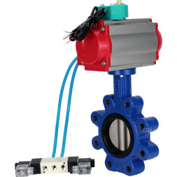 Затвор дисковый поворотный WBV1631N-2W-Fb-H Ду65 Ру16 LUG корпус - чугун QT450, диск - нержавеющая сталь 304, уплотнение - NBR, с пневмоприводом PA-DA-065, пневмораспределителем 4V320-08 AC220V и магнитным переключателем ALS200D