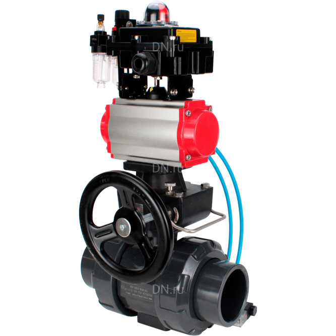 Кран шаровой BV4242E-FP-GRM-ISO Дн65 Ру10 полнопроходной, корпус - НПВХ, шар - НПВХ, уплотнение - EPDM, с пневмоприводом PA-DA-065, пневмораспределителем 4V320-10 AC220V, ручным дублером MON1-250-T26-ISO, БКВ APL-410N EX и БПВ AFC2000 в Алматы