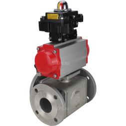 Кран шаровой BV3232P(4pc)-FP-3WL-F Ду40 Ру16 полнопроходной трехходовой, фланцевый, корпус - нержавеющая сталь SS316, с пневмоприводом PA-SA-105 с возвратными пружинами, пневмораспределителем 4M310-08 DC24V и БКВ APL-410N EX