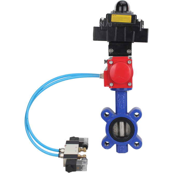 Затвор дисковый поворотный WBV1616E-2W-Fb-H Ду65 Ру16 LUG корпус - чугун QT450, диск - чугун QT450, уплотнение - EPDM, с пневмоприводом PA-DA-065, пневмораспределителем 4V320-10 AC220V и БКВ APL-410N EX в Алматы