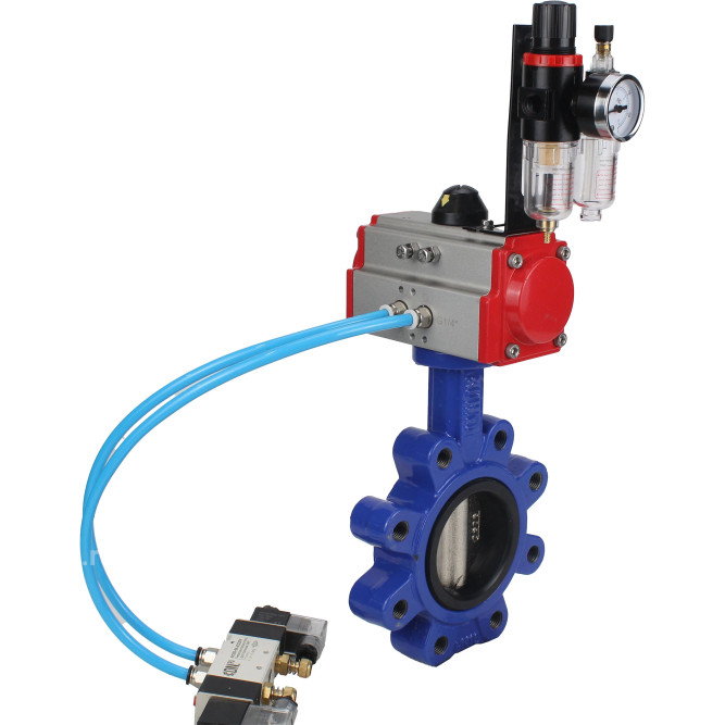 Затвор дисковый поворотный WBV1616N-2W-Fb-H Ду100 Ру16 LUG корпус - чугун QT450, диск - чугун QT450, уплотнение - NBR, с пневмоприводом PA-SA-130, пневмораспределителем 4V320-10 AC220V и БПВ AFC2000 в Алматы