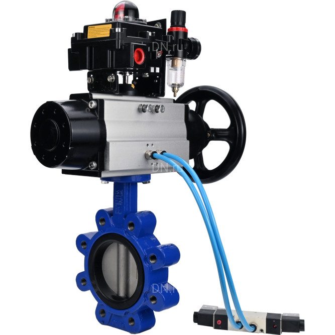Затвор дисковый поворотный WBV1631E-2W-Fb-H Ду150 Ру16 LUG корпус - чугун QT450, диск - нержавеющая сталь 304, уплотнение - EPDM, с пневмоприводом PA-DA-105-1, пневмораспределителем 4V320-08 AC220V, БКВ APL-410N EX и БПВ AFC2000 в Алматы
