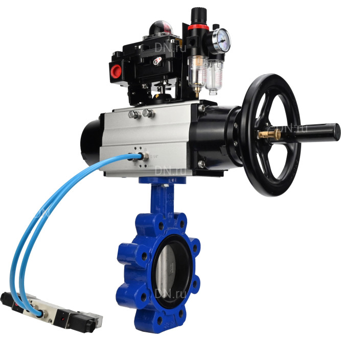 Затвор дисковый поворотный WBV1631E-2W-Fb-H Ду150 Ру16 LUG корпус - чугун QT450, диск - нержавеющая сталь 304, уплотнение - EPDM, с пневмоприводом PA-DA-105-1, пневмораспределителем 4V320-08 AC220V, БКВ APL-410N EX и БПВ AFC2000 в Алматы