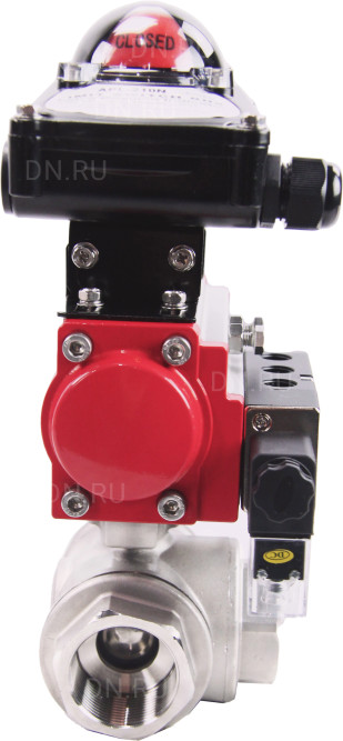Кран шаровой BV3232P(4pc)-SP-3WL-T-ISO-H Ду40 Ру63 стандартнопроходной трехходовой L-тип, нерж. сталь SS316, внутренняя резьба, уплотнение - PTFE, пн.приводом PA-DA-065, пн.распределителем 4M310-08 AC220V и БКВ APL-210N в Алматы