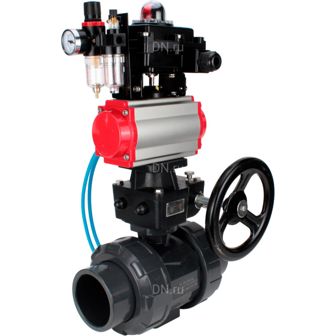 Кран шаровой BV4242E-FP-GRM-ISO Дн100 Ру10 полнопроходной, корпус - НПВХ, шар - НПВХ, уплотнение - EPDM, с пневмоприводом PA-DA-065, пневмораспределителем 4V320-10 AC220V, ручным дублером MON1-250-T26-ISO, БКВ APL-410N EX и БПВ AFC2000 в Алматы