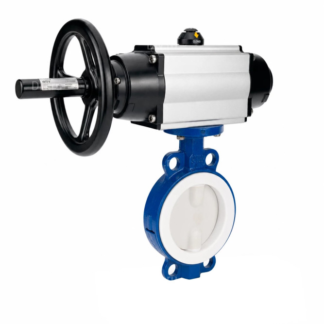 Затвор дисковый поворотный WBV3434Pf-2W-Fb-R Ду150 Ру16, корпус - углеродистая сталь WCB, диск - углеродистая сталь WCB, футерованный PTFE, уплотнение - PTFE, с пневмоприводом PA-DA-105-1 и пневмораспределителем 4M310-08 DC24V в Алматы