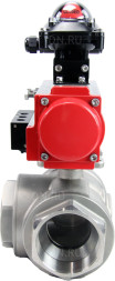 Кран шаровой BV3232P(4pc)-SP-3WL-T-ISO-H Ду80 Ру40 стандартнопроходной трехходовой L-тип, нерж. сталь SS316, внутренняя резьба, уплотнение - PTFE, пн.приводом PA-DA-083, пн.распределителем 4M310-08 AC220V и БКВ APL-210N