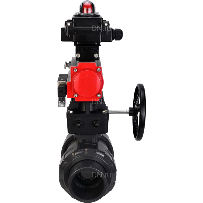 Кран шаровой BV4242E-FP-GRM-ISO Дн25 Ру10 полнопроходной, корпус - НПВХ, шар - НПВХ, уплотнение - EPDM, с пневмоприводом PA-DA-052, пневмораспределителем 4M310-08 AC220V, ручным дублером MON1-250-T26-ISO и БКВ APL-410N EX в Алматы