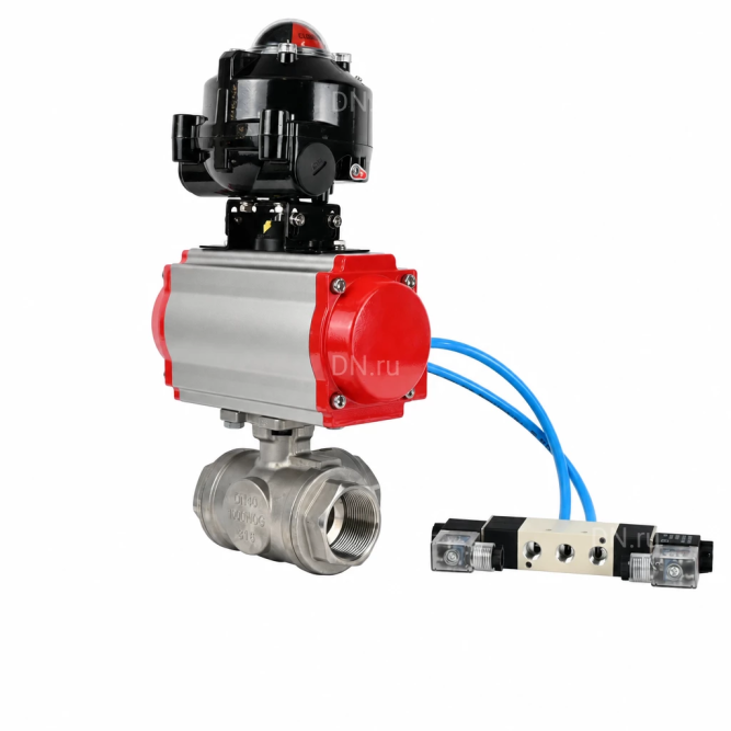 Кран шаровой BV3232P(4pc)-SP-3WL-T-ISO-H WDVF Ду40 Ру63 стандартнопроходной, 3-ходовой L-тип, внутренняя резьба, нержавеющая сталь AISI 316, PTFE, с пневмоприводом PA-SA-130, пневмораспределителем 4V320-08 AC220V и БКВ APL-510N EX в Алматы