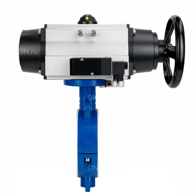 Затвор дисковый поворотный WBV3434Pf-2W-Fb-R Ду200 Ру16, корпус - углеродистая сталь WCB, диск - углеродистая сталь WCB, футерованный PTFE, уплотнение - PTFE, с пневмоприводом PA-DA-105-1 и пневмораспределителем 4M310-08 DC24V в Алматы