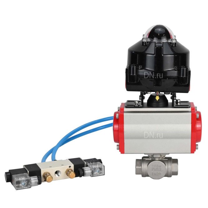 Кран шаровой BV3232P(4pc)-SP-3WL-T-ISO-H 3/8″ Ду10 Ру63 стандартнопроходной трехходовой L-тип, нержавеющая сталь SS316, внутренняя резьба, уплотнение - PTFE, с пн.приводом PA-SA-052 пн.распределителем 4V320-10 AC220V БКВ APL-510N-EX в Алматы