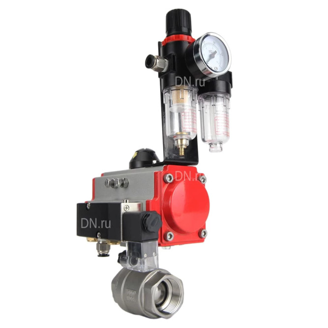 Кран шаровой BV3232P(2pc)-FP-T-ISO-H Ду40 Ру63 полнопроходной двухходовой, нержавеющая сталь SS316, внутренняя резьба, уплотнение - PTFE, с пневмоприводом PA-DA-083 двойного действия, с пневмораспределителем 4M310-08 24В, с БПВ AFC2000 в Алматы