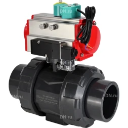 Кран шаровой BV4242E-FP-GRM-ISO Дн65 Ру10 полнопроходной, корпус - НПВХ, шар - НПВХ, уплотнение - EPDM, с пневмоприводом PA-SA-065, пневмораспределителем 4M310-08 DC24V и магнитным переключателем ALS200D