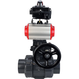 Кран шаровой BV4242E-FP-GRM-ISO Дн32 Ру10 полнопроходной, корпус - НПВХ, шар - НПВХ, уплотнение - EPDM, с пневмоприводом PA-DA-052, пневмораспределителем 4M310-08 AC220V, ручным дублером MON1-250-T26-ISO и БКВ APL-410N EX