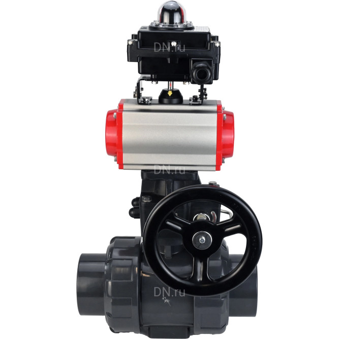 Кран шаровой BV4242E-FP-GRM-ISO Дн32 Ру10 полнопроходной, корпус - НПВХ, шар - НПВХ, уплотнение - EPDM, с пневмоприводом PA-DA-052, пневмораспределителем 4M310-08 AC220V, ручным дублером MON1-250-T26-ISO и БКВ APL-410N EX в Алматы