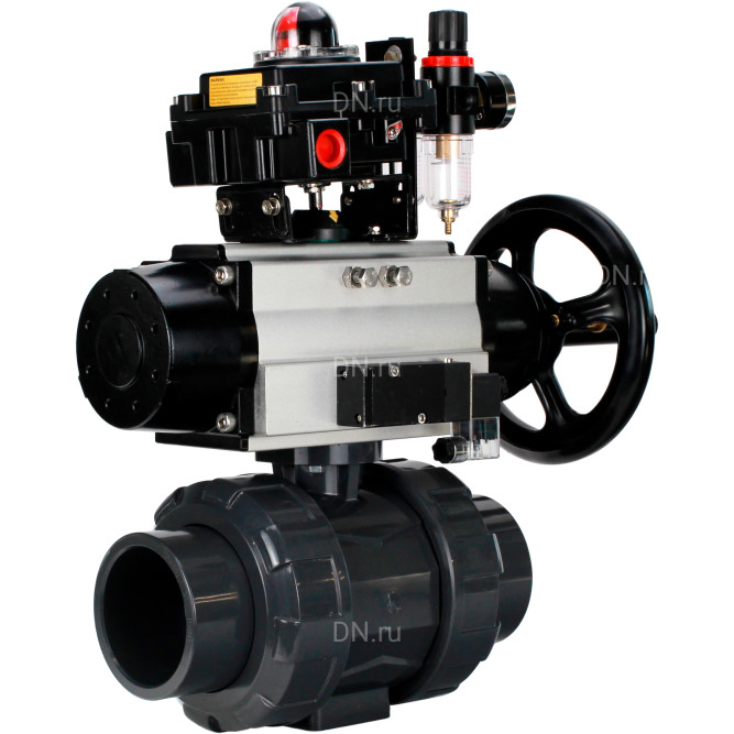 Кран шаровой BV4242E-FP-GRM-ISO Дн65 Ру10 полнопроходной, корпус - НПВХ, шар - НПВХ, уплотнение - EPDM, с пневмоприводом PA-DA-105-1, пневмораспределителем 4M310-08 DC24V, БКВ APL-410N EX и БПВ AFC2000 в Алматы