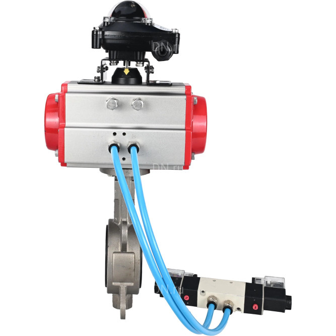Затвор дисковый поворотный WBV3131N-2W-Fb-H Ду125 Ру16, корпус - нержавеющая сталь 304, диск - нержавеющая сталь 304, уплотнение - NBR, с пневмоприводом PA-DA-105, пневмораспределителем 4V320-08 AC220V и БКВ APL-210N в Алматы
