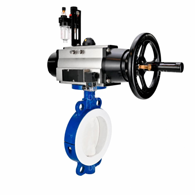 Затвор дисковый поворотный WBV3434Pf-2W-Fb-R Ду150 Ру16, корпус - углеродистая сталь WCB, диск - углеродистая сталь WCB, футерованный PTFE, уплотнение - PTFE, с пневмоприводом PA-DA-105-1, пневмораспределителем 4M310-08 DC24V и БПВ AFC2000 в Алматы