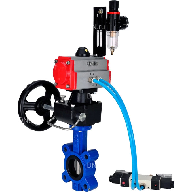 Затвор дисковый поворотный WBV1631E-2W-Fb-H Ду125 Ру16 LUG, корпус - чугун, диск - нержавеющая сталь 304, уплотнение - EPDM, с пневмоприводом PA-DA-105, пневмораспределителем 4M320-10 AC220V, ручным дублером MON3-700-T38-ISO и БПВ AFC2000 в Алматы