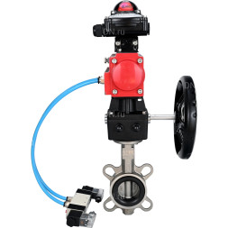 Затвор дисковый поворотный WBV3232E-2W-Fb-H Ду300 Ру16, нержавеющая сталь 316L, уплотнение - EPDM, с пневмоприводом PA-DA-140, с пневмораспределителем 4V320-10 AC220V, БКВ APL-210N, ручным дублером MON4-1200-T54-ISO