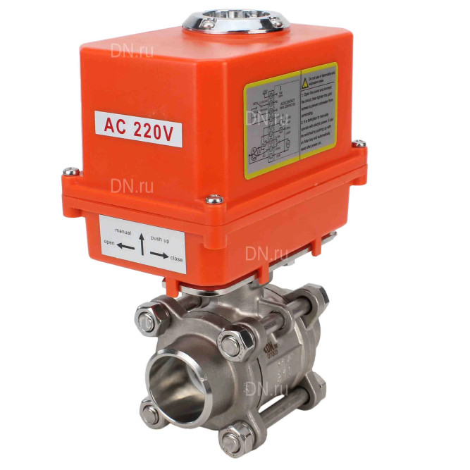Кран шаровой BV3232P(3pc)-FP-W-ISO-H Ду10 Ру63 полнопроходной двухходовой, нержавеющая сталь SS316, под приварку, уплотнение - PTFE, с 1/4-оборотным электроприводом QT-N-003EM-O1-220VAC-У1 MINI в Алматы