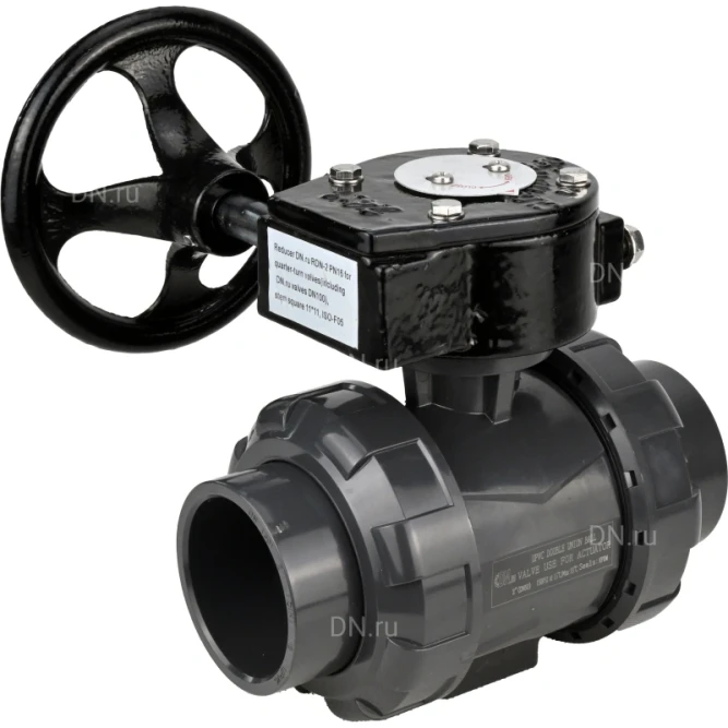Кран шаровой BV4242E-FP-GRM-ISO Дн65 Ру10 полнопроходной, корпус - НПВХ, шар - НПВХ, уплотнение - EPDM, с редуктором RDN RQN3-150Z-T24 в Алматы