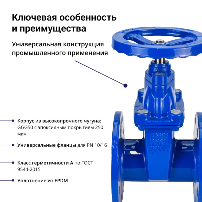 Задвижка клиновая 30ч39р (аналог МЗВ) GVWN1414E-2W-F-S blue Ду80 Ру16 фланцевая, корпус - чугун GGG50, уплотнение - EPDM, со штурвалом и невыдвижным штоком, цвет - синий в Алматы