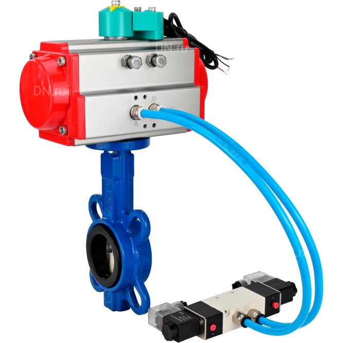 Затвор дисковый поворотный WBV1413E-2W-Fb-H Ду40 Ру16 корпус - чугун GGG50, диск - чугун GGG40, уплотнение - EPDM, 9х9, F05, с пневмоприводом PA-DA-052, пневмораспределителем 4V320-08 AC220V и магнитным переключателем ALS200D в Алматы