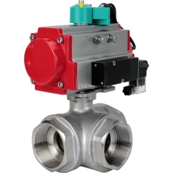 Кран шаровой BV3232P(4pc)-SP-3WL-T-ISO-H Ду40 Ру63 стандартнопроходной L-тип, внутренняя резьба, корпус - нержавеющая сталь 316, уплотнение - PTFE, пневмопривод PA-DA-065, пневмораспределитель 4M310-08 AC220V и магнитным переключателем ALS200D