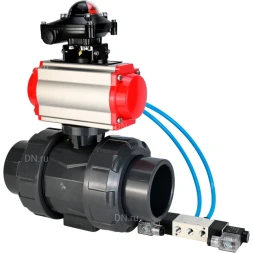 Кран шаровой BV4242E-FP-GRM-ISO Дн25 Ру10 полнопроходной, корпус - НПВХ, шар - НПВХ, уплотнение - EPDM, с пневмоприводом PA-SA-052, пневмораспределителем 4V320-08 AC220V и БКВ APL-210N