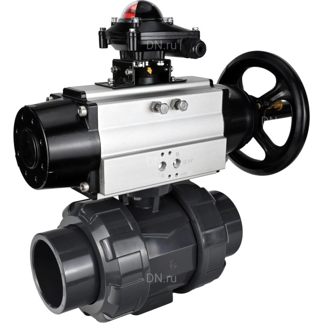 Кран шаровой BV4242E-FP-GRM-ISO Дн40 Ру10 полнопроходной, корпус - НПВХ, шар - НПВХ, уплотнение - EPDM, с пневмоприводом PA-DA-105-1 и БКВ APL-210N в Алматы