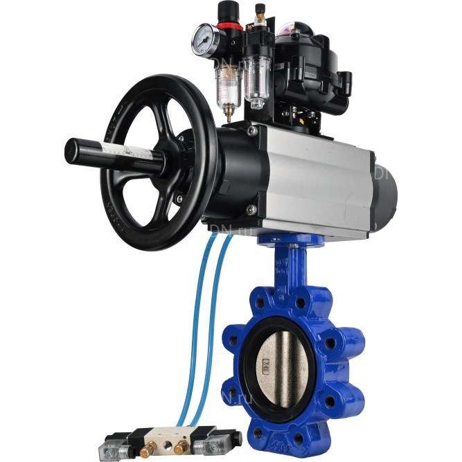 Затвор дисковый поворотный WBV1616N-2W-Fb-H Ду125 Ру16 LUG корпус - чугун QT450, диск - чугун QT450, уплотнение - NBR, с пневмоприводом PA-DA-105-1, пневмораспределителем 4V320-08 AC220V, БКВ APL-510N EX и БПВ AFC2000 в Алматы