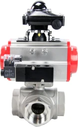 Кран шаровой BV3232P(4pc)-SP-3WL-T-ISO-H Ду40 Ру63 стандартнопроходной трехходовой L-тип, нерж. сталь SS316, внутренняя резьба, уплотнение - PTFE, пн.приводом PA-DA-065, пн.распределителем 4M310-08 DC24V и БКВ APL-210N