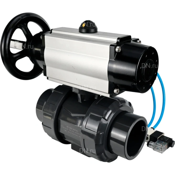 Кран шаровой BV4242E-FP-GRM-ISO Дн25 Ру10 полнопроходной, корпус - НПВХ, шар - НПВХ, уплотнение - EPDM, с пневмоприводом PA-DA-105-1 и пневмораспределителем 4V320-08 AC220V в Алматы