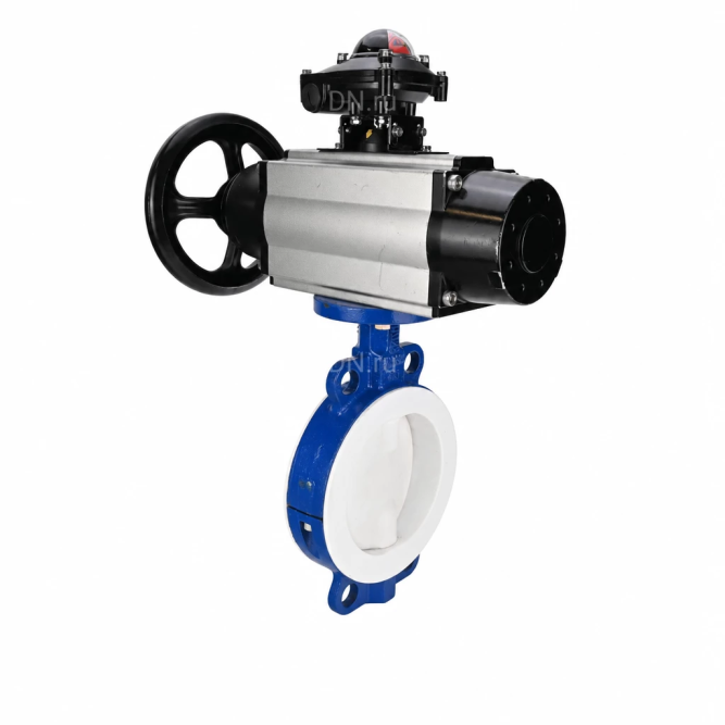 Затвор дисковый поворотный WBV3434Pf-2W-Fb-R Ду200 Ру16, корпус - углеродистая сталь WCB, диск - углеродистая сталь WCB, футерованный PTFE, уплотнение - PTFE, с пневмоприводом PA-DA-105-1, пневмораспределителем 4M310-08 DC24V и БКВ APL-210N в Алматы