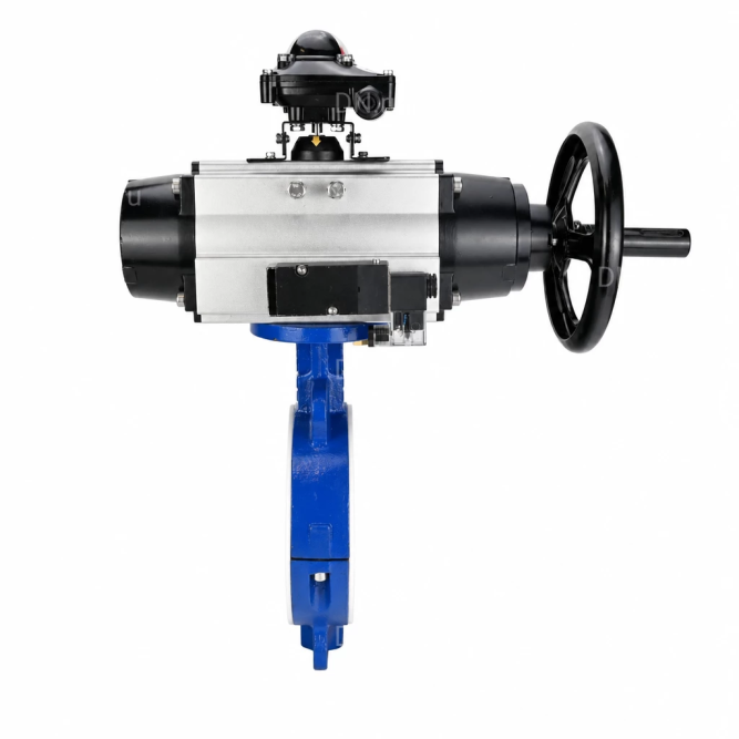 Затвор дисковый поворотный WBV3434Pf-2W-Fb-R Ду200 Ру16, корпус - углеродистая сталь WCB, диск - углеродистая сталь WCB, футерованный PTFE, уплотнение - PTFE, с пневмоприводом PA-DA-105-1, пневмораспределителем 4M310-08 DC24V и БКВ APL-210N в Алматы