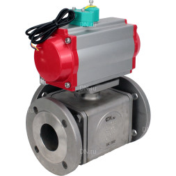 Кран шаровой BV3232P(4pc)-FP-3WL-F-ISO-H Ду25 Ру16 полнопроходной трехходовой L-тип, фланцевый, корпус - нержавеющая сталь SS316, уплотнение - PTFE, пневмопривод PA-DA-052, пневмораспределитель 4M310-08 AC220V и магнитным переключателем ALS200D