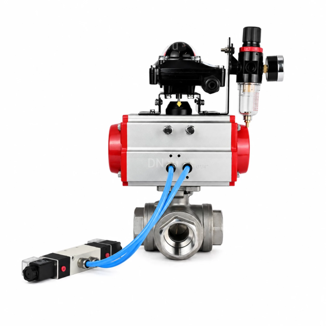 Кран шаровой BV3232P(4pc)-SP-3WL-T-ISO-H WDVF Ду40 Ру63 стандартнопроходной, 3-ходовой L-тип, внутренняя резьба, нержавеющая сталь AISI 316, PTFE, с пневмоприводом PA-SA-130, пневмораспределителем 4V320-08 AC220V и БКВ APL-210N в Алматы